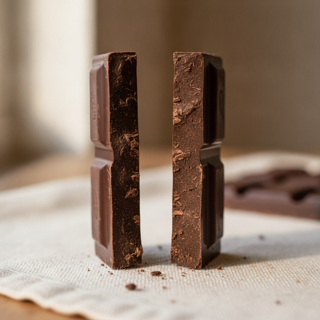 Barra de chocolate oscuro partida a la mitad mostrando la fractura mate y limpia