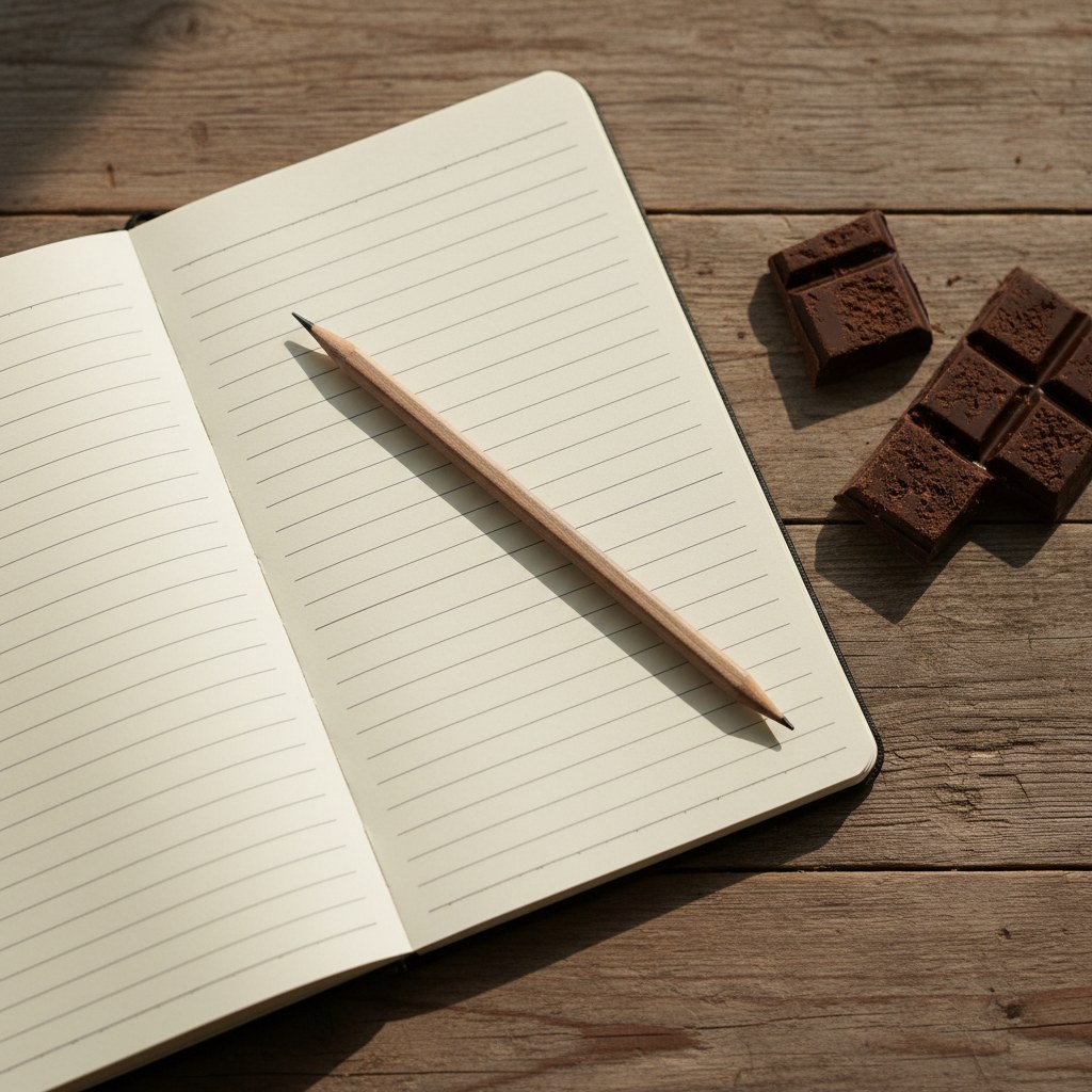 Libreta abierta con notas de cata escritas a lápiz junto a trozos de barra de origen