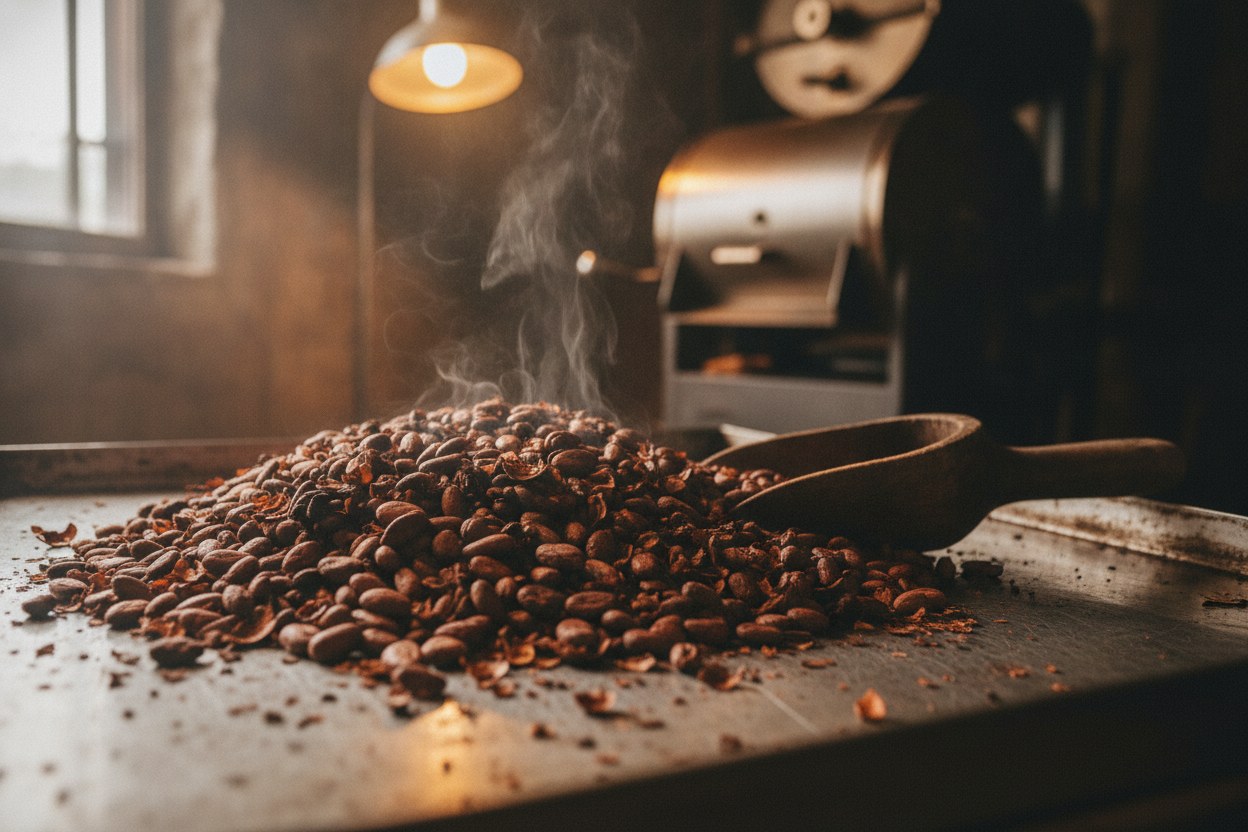 Granos de cacao recién tostados enfriándose sobre una bandeja de metal en el obrador